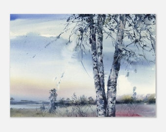 Three Birches Art print - Nordic landscape home decor - Swedish landscape wall art - Watercolor sunset in Scandinavia