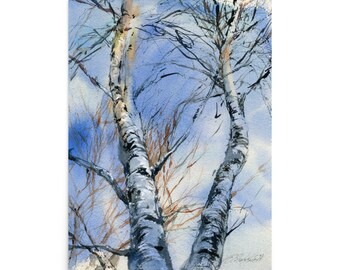 Rustic birch trees painting print - original watercolor nordic decor - scandinavian cottage farmhouse style - home offce, bedroom gift