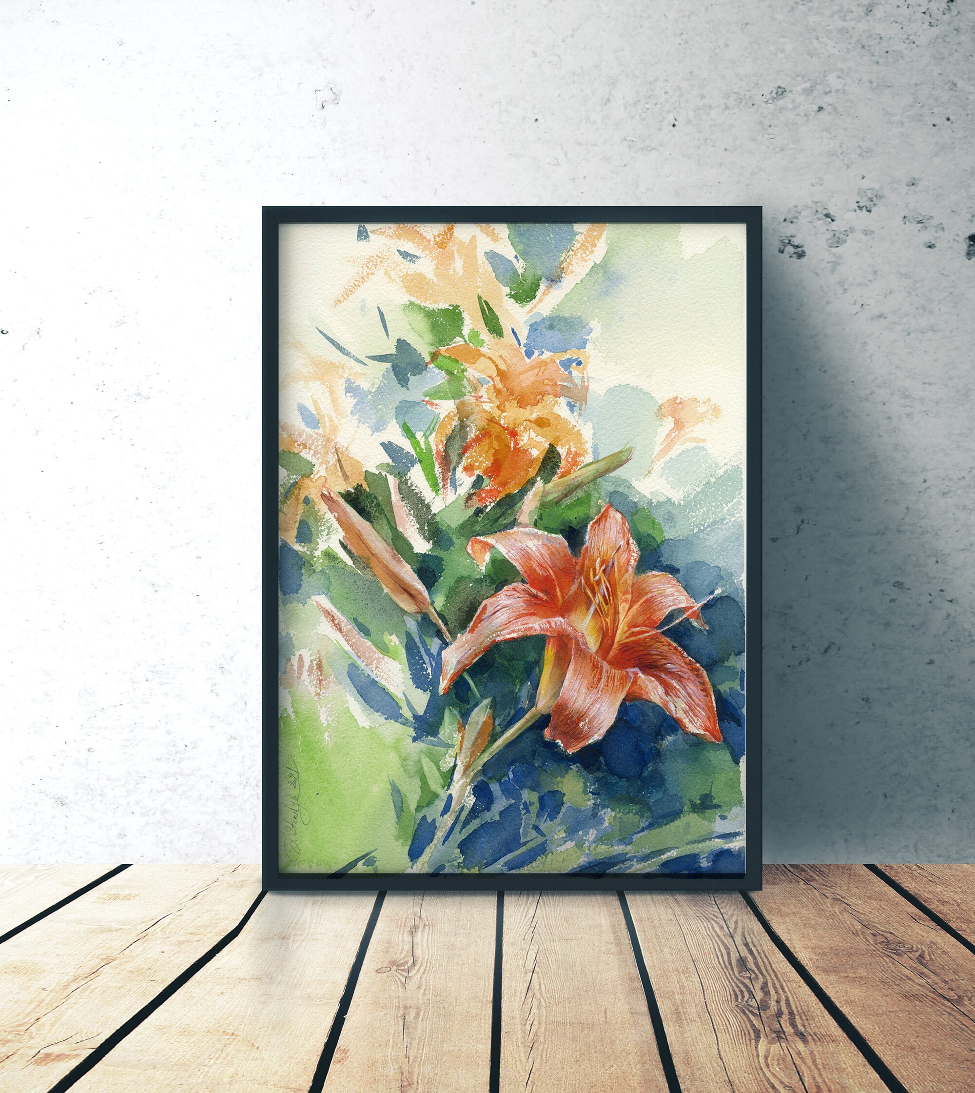 オレンジリリーのオリジナル水彩画、またはユリの花のアートプリント