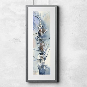 Print of Winter snow trees, blue and white painting - first snow botanical print on watercolor paper