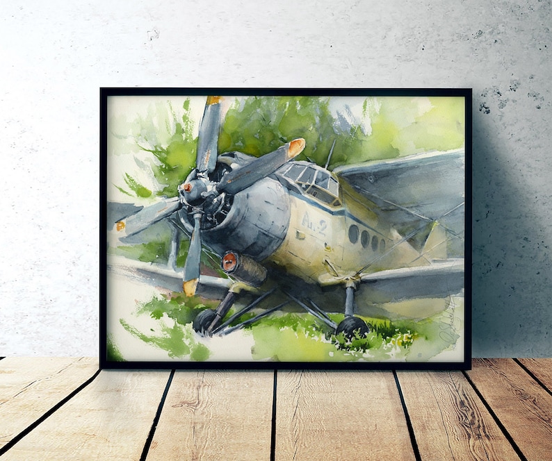 Airplane art print of watercolor painting Antonov airplane artwork aviation art gift for pilot nautical lounge decor, office wall art image 1