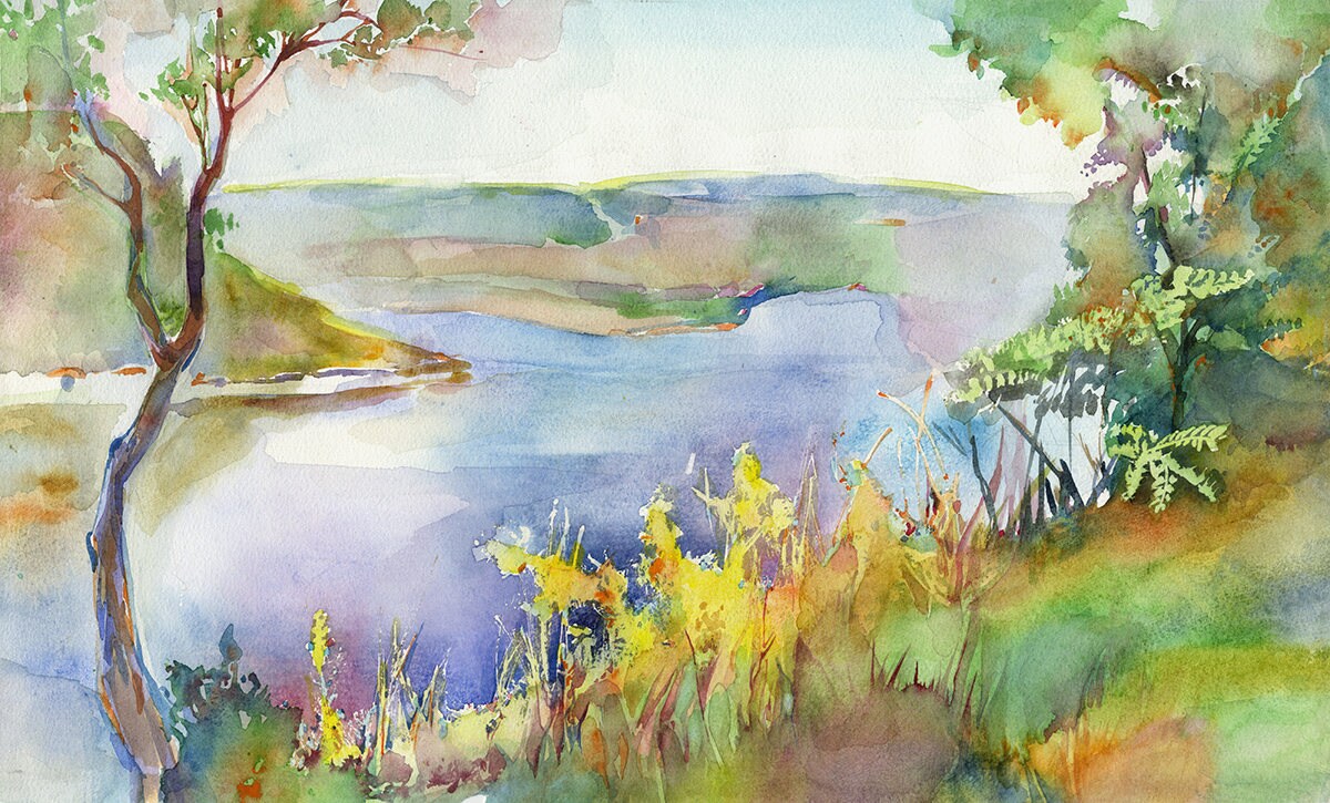 River Landscape Art Print - Riverscape Painting Print, River Watercolor ...