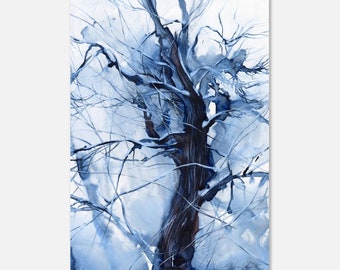 Snow blue tree , maple , winter watercolor painting - wood painting print on watercolour paper