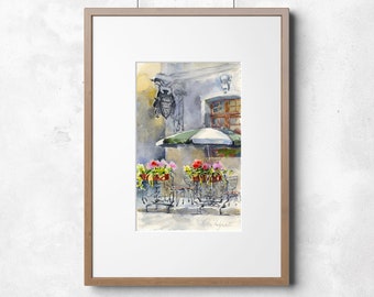 Street scene painting print - print from old town watercolor - street cafe, print on watercolor paper