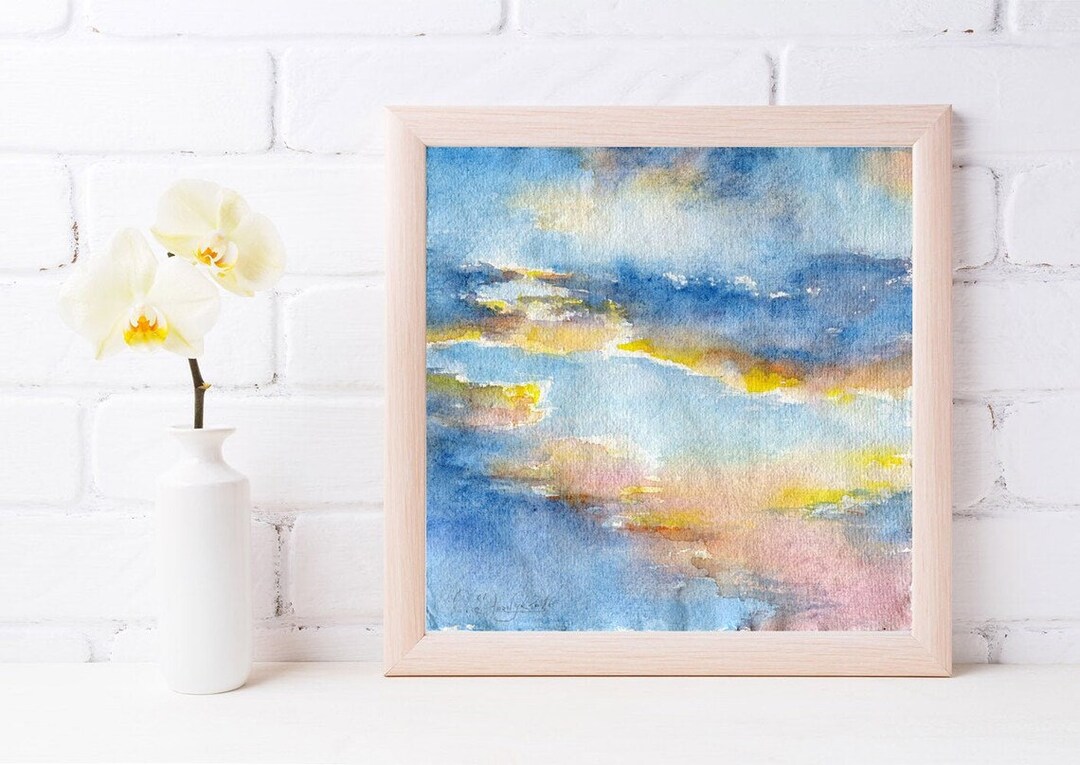 Print of Sunset Painting Watercolor - Blue Sky Painting. Sunset Print ...