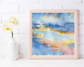 Print of Sunset painting watercolor - blue sky painting. Sunset print. Watercolor art print