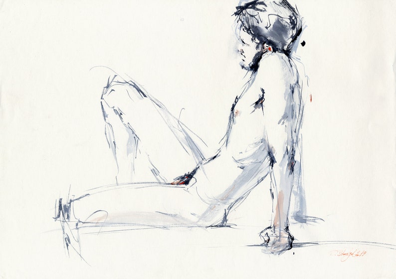 Desnudo - Impresión artística de pintura de desnudo masculino - Boceto de una sesión de desnudo, arte mural de desnudo masculino para dormitorio, giclée sobre papel de acuarela imagen 3