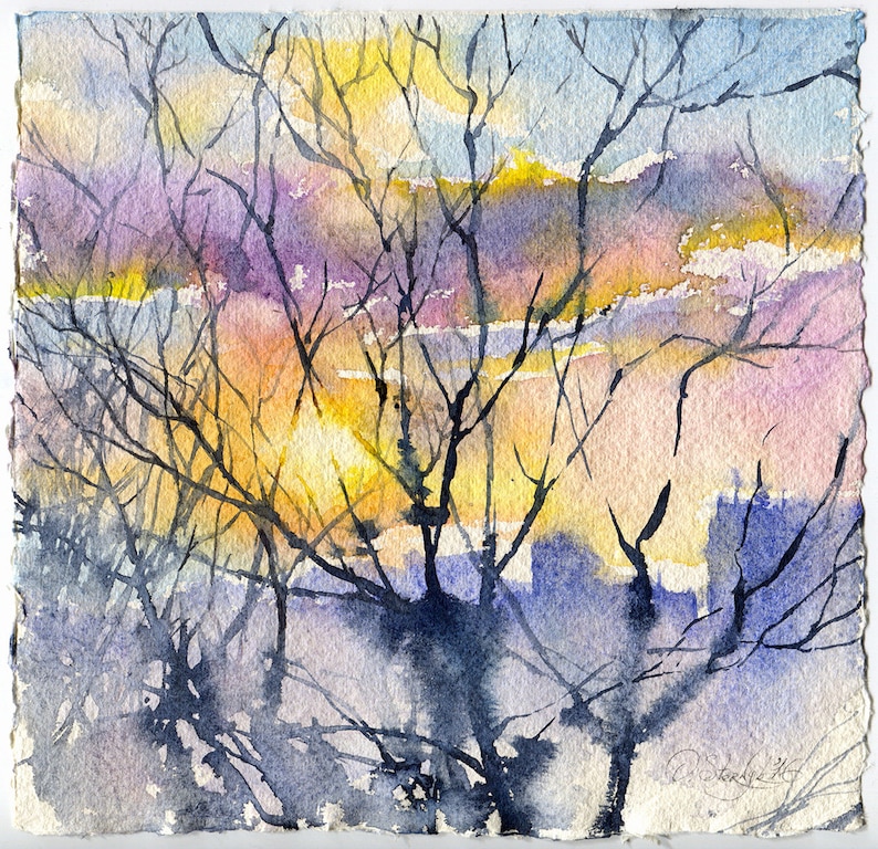 Print of Sunset watercolor painting fine art print sun painting, Sunset over the city, sunset art print on watercolor paper image 2