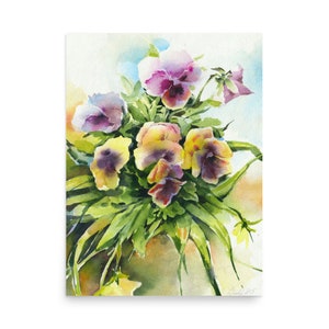 Print of watercolor garden painsies painting - viola blossom decoration - violet home decor - bedroom wall art - living room picture