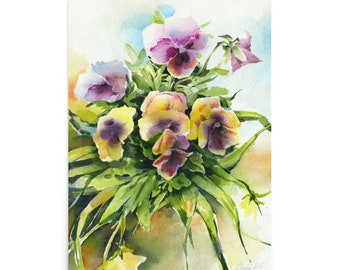 Print of watercolor garden painsies painting - viola blossom decoration - violet home decor - bedroom wall art - living room picture