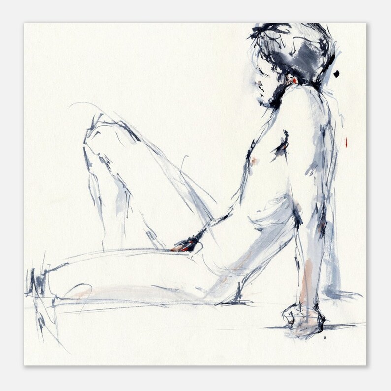 Desnudo - Impresión artística de pintura de desnudo masculino - Boceto de una sesión de desnudo, arte mural de desnudo masculino para dormitorio, giclée sobre papel de acuarela 14 x 14