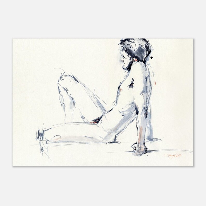 Desnudo - Impresión artística de pintura de desnudo masculino - Boceto de una sesión de desnudo, arte mural de desnudo masculino para dormitorio, giclée sobre papel de acuarela A2
