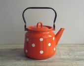 SALE - Orange White Polka Dot Enamel Kettle - Soviet vintage - retro enamelware - country kitchen home decor - farmhouse kitchenware - USSR