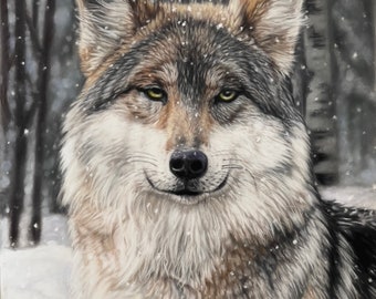 May include: A close-up portrait of a wolf with a white and gray coat, looking directly at the viewer. The wolf is standing in a snowy forest, with snowflakes falling around it.