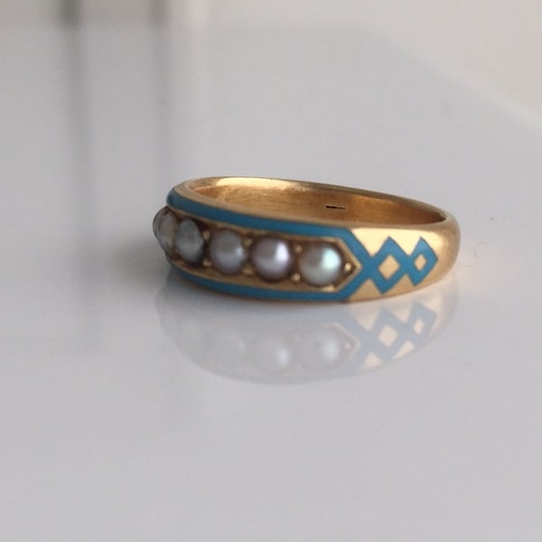 Victorian 18K Seed Pearl and Blue Enamel Ring