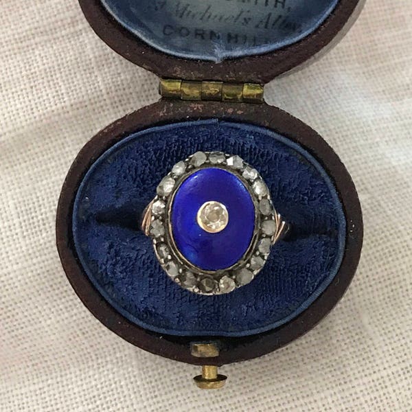 Georgian Blue Enamel and Rosecut Diamond Ring