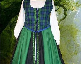 Celtic Irish Scottish Gown Clan Tartan Plaid Medieval Costume SCA Garb FrtLcg Bodice Drawstr Skirt Blackwatch lxl FREE SHIP