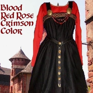 Medieval Costume Norse Viking SCA Garb 2pc BlackOverRed LinenBld Apron Ctn Kirtle lxl FREE SHIP