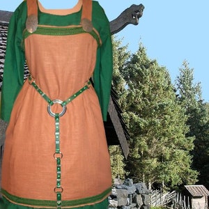 SCA Garb Norse Viking Medieval Camel LinenBl Forest Cotton Apron Kirtle 2pc lxl FREE SHIP