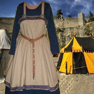 SCA Garb Norse Viking Medieval Tan Linen Navy Cotton Apron and Kirtle Ensemble lxl FREE SHIP