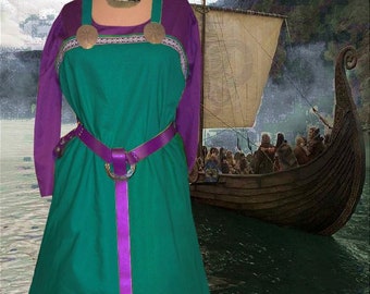 Norse Viking SCA Garb Teal Green LinenBld Apron Purple Cotton Kirtle Medieval Costume lxl FREE SHIP