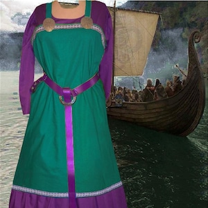 Norse Viking SCA Garb Teal Green LinenBld Apron Purple Cotton Kirtle Medieval Costume lxl FREE SHIP