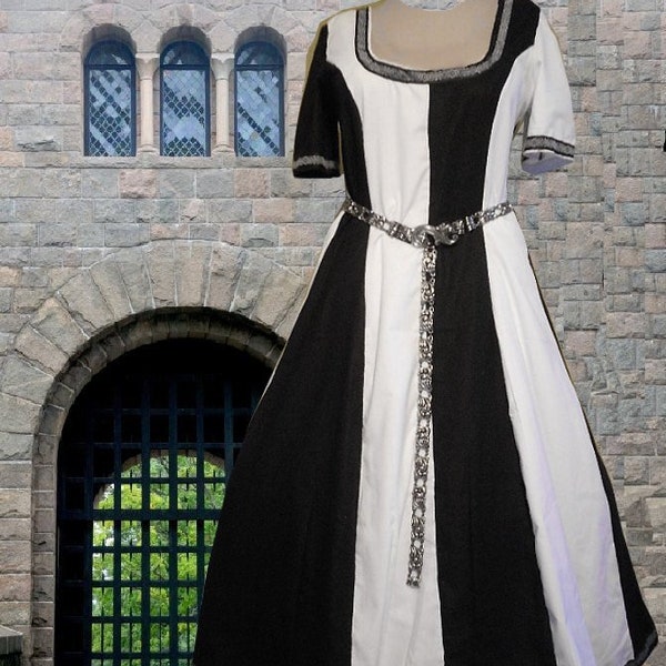 Medieval Dress Renaissance Gown SCA Garb Linen Bl Authentic Black White Particolored 1pc lxl FREE SHIP