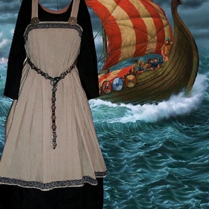 SCA Garb Norse Viking Medieval Tan Linen Black Cotton Apron and Kirtle Ensemble lxl FREE SHIP
