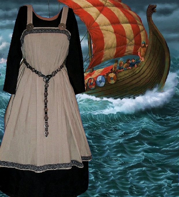SCA Garb Norse Viking Medieval Tan Linen Black Cotton Apron and Kirtle Ensemble lxl FREE SHIP