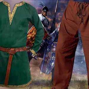 Medieval Costume 2pc Renaissance SCA Garb Norse Saxon Green Brown Male Tunic Shirt Linen Blend Cotton Pants FREE SHIP