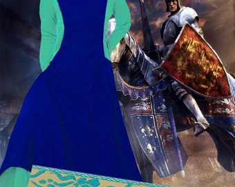 SCA Garb Medieval Costume Atlantis Renaissance Gown RoyalTurq Cotton Sdless Surcote Kirtle 2pc lxl FREE SHIP