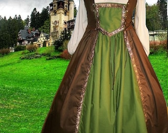 Renaissance Costume Medieval Gown SCA Garb 2pc Bi-Lacing Bodice Drawstring Choco Olive lxl FREE SHIP
