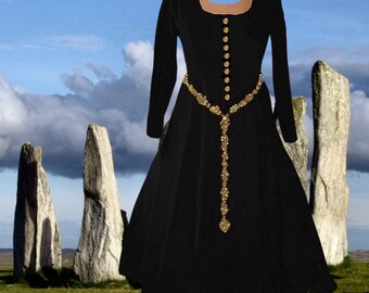 Medieval Costume Renaissance Gown SCA Garb Cotehardie Black LinenBld 6 Gore1pc 8 Silver or Goldtone Buttons lxl FREE SHIP