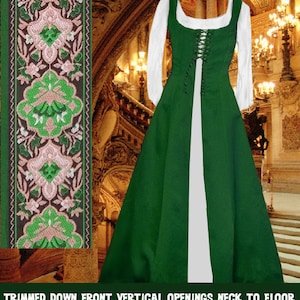 Medieval Gown Renaissance Costume SCA Garb Hunter&#39;s Moon FrtLcg Gown 6Gore Flaired SzFlex Surcote lxl FREE SHIP