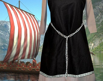 Medieval Costume Norse Viking SCA Garb 2pc BlackOverSilverGray Linen Apron Cotton Kirtle lxl FREE SHIP