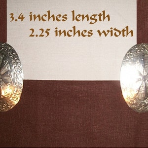 SCA Garb Norse Viking Medieval 3.4&quot; x 2.25&quot; 2 Oval Brooches Silverplated Pewter Ornately Carved  FREE ship