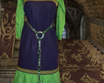 Norse Viking Medieval SCA Garb Navy Linen Kelly Cotton Apron Kirtle 2pc lxl FREE SHIP