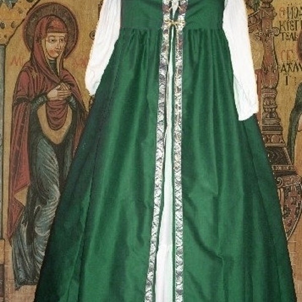 Medieval Gown Renaissance Costume SCA Garb Forest Green Irish Styl Overdress SzFlex lxl FREE SHIP