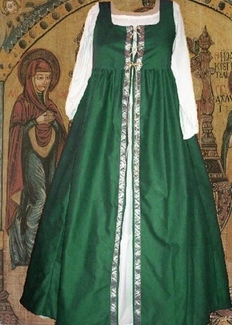Medieval Gown Renaissance Costume SCA Garb Forest Green Irish Styl Overdress SzFlex lxl FREE SHIP image 1