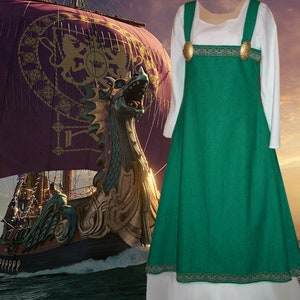 SCA Garb Norse Viking Medieval Hunter Green LinenBld White Cotton Apron Kirtle Ensemble lxl FREE SHIP