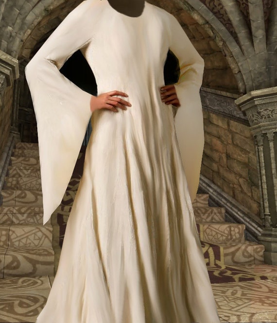 Renaissance Gown Bell Sleeve Medieval Costume 6 Gore Kirtle Ivory Muslin  Cotton lxl FREE SHIP