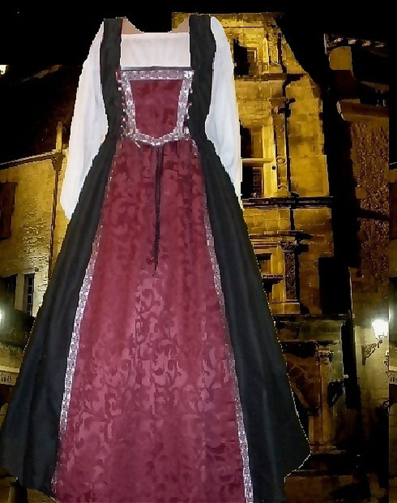 Renaissance Costume Medieval 2pc SCA Garb WineDamask BiLace Tudor Full Skirt Bodice lxl FREE SHIP image 1
