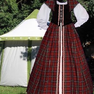 Renaissance Gown Medieval Costume Celtic Scot Irish Tartan Plaid SCA Garb Blk Red Bodice Overskirt 3 Piece Set lxl FREE SHIP