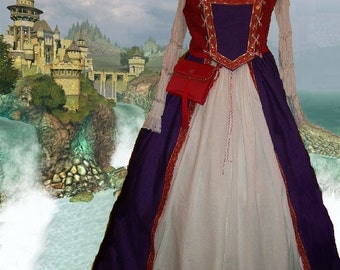 Medieval Gown Renaissance Costume SCA Garb PurpRed Tudor 2pc Bi-Lacing Bodice Drawcord lxl FREE SHIP