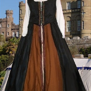 Renaissance Dress Medieval Costume Celtic Tudor Style Wench SCA Garb Bodice Overskirt Blk Choco lxl FREE SHIP