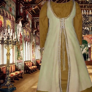 Renaissance Dress 2pcSet SCA Garb Medieval Costume Front-Lacing Yellow Surcote Goldenrod Kirtle lxl FREE SHIP