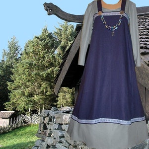 Medieval Costume Norse Viking SCA Garb 2pc NavyOverSilverGray Linen Apron Cotton Kirtle lxl FREE SHIP