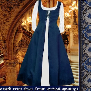 Medieval Gown Renaissance Costume SCA Garb Navy FrtLcg Gown 6Gore Flaired SzFlex Surcote lxl FREE SHIP