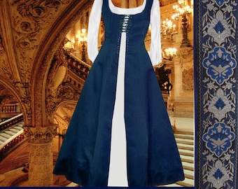 Medieval Gown Renaissance Costume SCA Garb Navy FrtLcg Gown 6Gore Flaired SzFlex Surcote lxl FREE SHIP