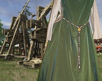 Renaissance Costume Medieval Gown SCA Garb Olive Sage ovr Cream Sdless Surcote & Kirtle 2pc lxl FREE SHIP